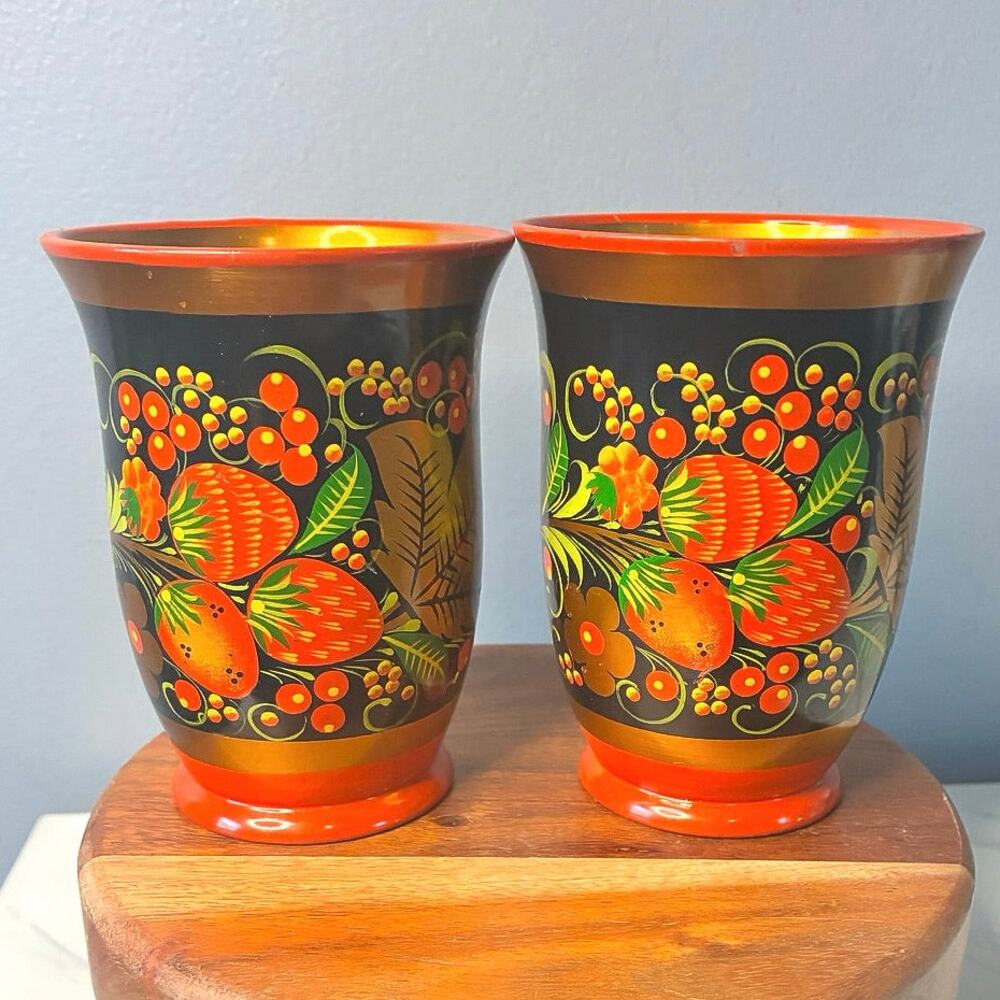 Vintage Russian Khokhloma Folk Art Cups – Hand-Painted Set of 2